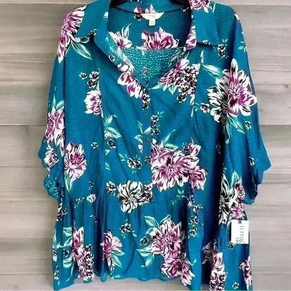 Terra Sky Women’s Plus Teal Floral Peplum Button Up Top Comfy 1X (16W-18W) - Picture 3 of 8